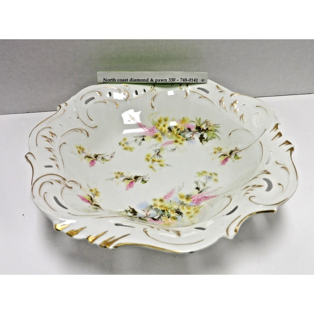 VTG Brunswick Germany Porcelain Floral Serving Bowl Gold Gilt Pierced Edge JC138
